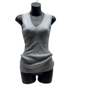 Catherine Malandrino Grey Ribbed Knit Scalloped V-Neck Tank Top